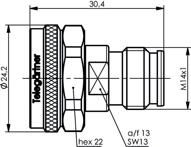 Technische Zeichnung eines Steckers mit Abmessungen: Durchmesser 24,2 mm, Länge 30,4 mm, Gewinde M14x1, Sechskant und Beschriftungen.