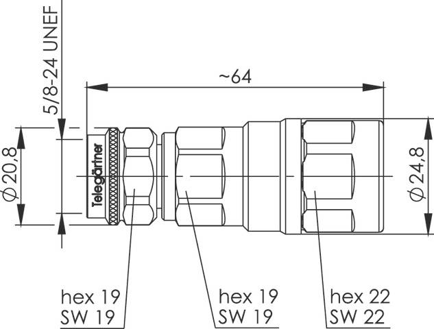 Technische Zeichnung eines Steckers mit Maßen: Länge ca. 64 mm, Durchmesser 20,8 mm und 24,8 mm. Gewinde: 5/8-24 UNEF.