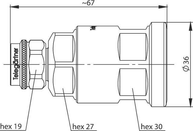 Technische Zeichnung eines zylindrischen Adapters mit den Maßen: Länge ca. 67 mm, Durchmesser 36 mm. Sechskantschrauben: hex 19, hex 27, hex 30.