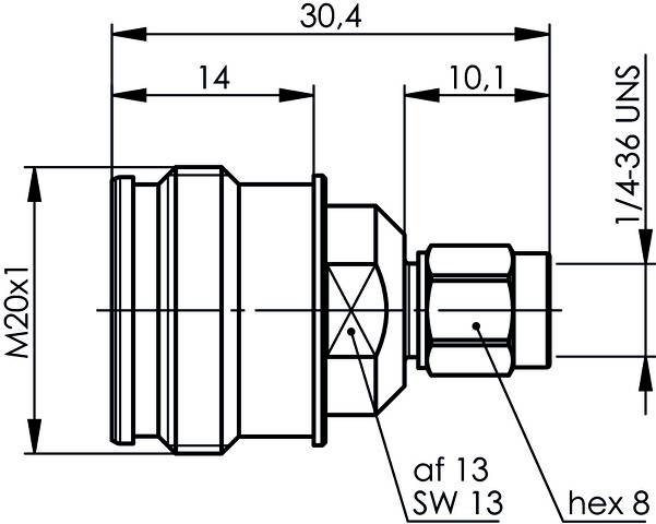 Technische Zeichnung eines Adapters mit Maßen: Länge 30,4 mm; 14 mm und 10,1 mm Abschnitte; Gewinde M20x1 und 1/4-36 UNS.