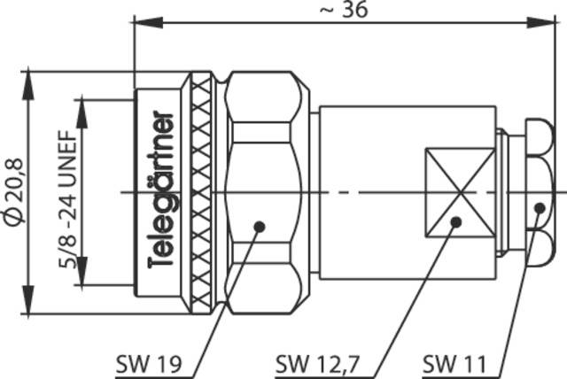 Technische Zeichnung eines koaxialen Steckverbinders von Telegärtner, mit Maßen und Gewinden, geeignet für Kabelmontage.