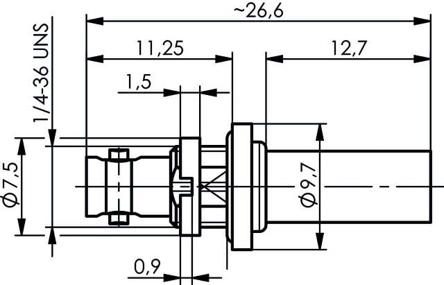 Technische Zeichnung eines zylindrischen Bauteils mit Maßen: Gesamtlänge 26,6 mm, Breite 12,7 mm, Durchmesser 7,5 mm und 9,7 mm.