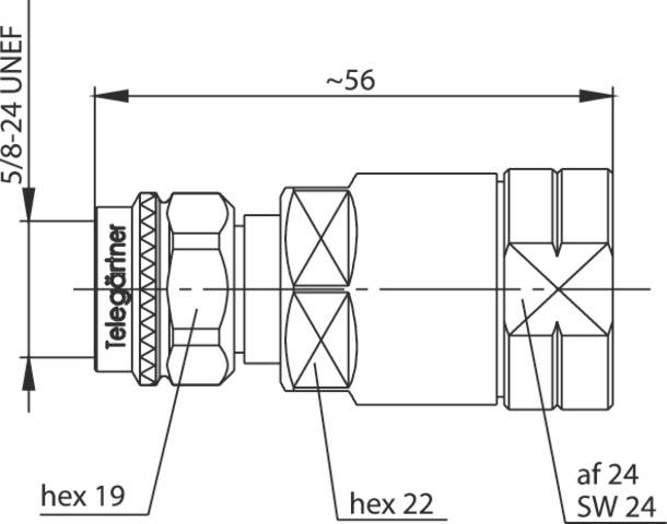 'Technische Zeichnung eines Steckverbinders mit Maßen: Länge ca. 56 mm, Gewinde 5/8-24 UNEF, schließt ab mit Schlüsselmaß-Angaben hex 19, hex 22, af 24 SW 24.'