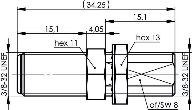 Technische Zeichnung eines Gewindes mit Maßen: Länge 34,25 mm, zwei Abschnitte je 15,1 mm, Gewinde 3/8-32 UNEF, Schlüsselweite 11 und 13 mm.