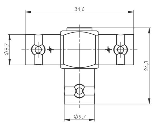 Technische Zeichnung eines T-Stücks mit Abmessungen: Breite 34,6 mm, Höhe 24,3 mm, Bohrungsdurchmesser 9,7 mm.