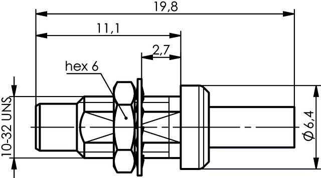 Technische Zeichnung eines Bolzens mit Sechskantkopf. Maße: Gesamtlänge 19,8 mm, Sechskant 6 mm, Durchmesser 6,4 mm, Gewinde 10-32 UNS.