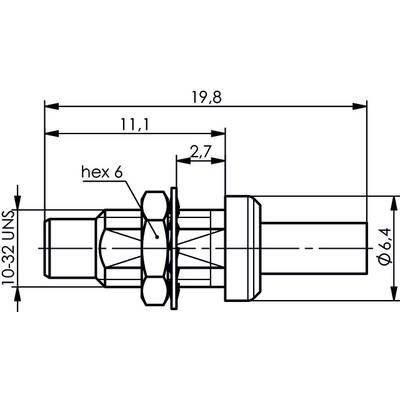 Technische Zeichnung eines Bolzens mit Sechskantkopf. Maße: Gesamtlänge 19,8 mm, Sechskant 6 mm, Durchmesser 6,4 mm, Gewinde 10-32 UNS.