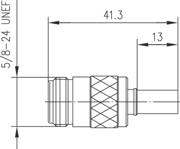 Technische Zeichnung eines zylindrischen Verbinders mit Längenmaßen: 41,3 mm gesamt, 13 mm schraffiertes Segment. Gewinde 5/8-24 UNEF.