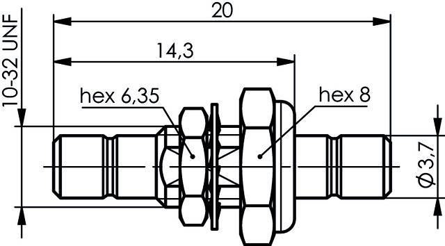 Technische Zeichnung eines Steckverbinders mit Maßen: Gesamtlänge 20 mm, Hauptdurchmesser Ø3,7 mm, Gewinde 10-32 UNF, Sechskant 6,35 mm und 8 mm.