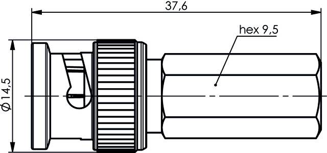 Technische Zeichnung eines Steckverbinders mit den Maßen 37,6 mm Länge, 14,5 mm Durchmesser und einem Sechskant von 9,5 mm.