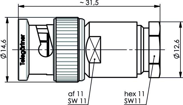 Technische Zeichnung eines Steckverbinders mit Maßangaben. Hauptdurchmesser 14,6 mm und 12,6 mm; Gesamtlänge ca. 31,5 mm.