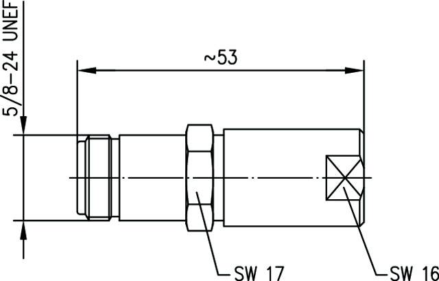 Technische Zeichnung eines Bauteils mit Maßen; Länge ~53 mm, Gewinde 5/8-24 UNEF, Schlüsselweite 17 und 16 mm.