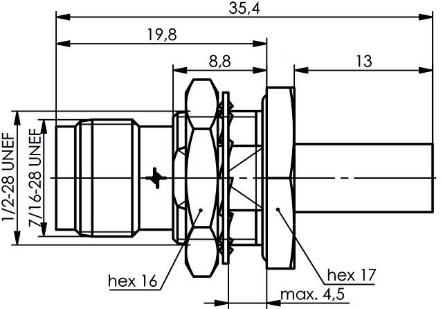 Technische Zeichnung eines Steckverbinders mit Maßangaben in Millimetern. Hauptfeature ist eine sechskantige Mutter mit den Maßen 'hex 16' und 'hex 17'.