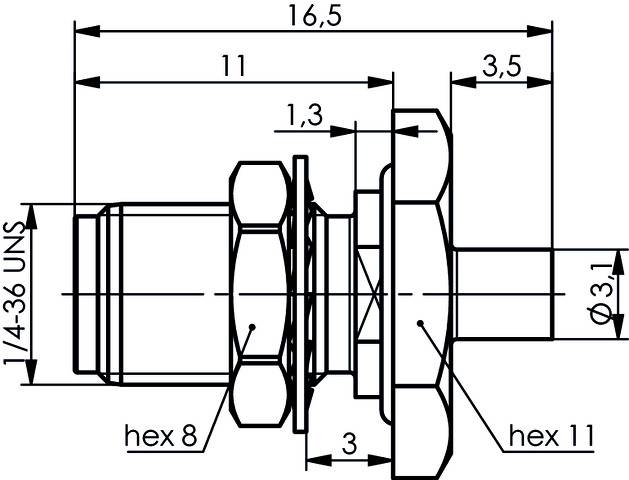 Technische Zeichnung eines Anschlussstücks mit Maßen, Sechskant 8 und 11, Durchmesserangaben, Längenangaben und Gewindetyp 1/4-36 UNS.