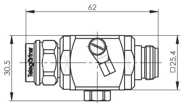 Technische Zeichnung eines Verbindungsstücks mit Maßen: 62 mm Breite, 30,5 mm Höhe. Zeigt Details und Gewindeanschlüsse.