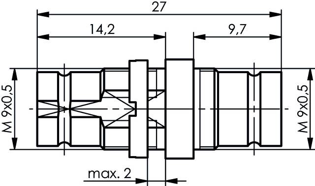 Technische Zeichnung eines Verbindungsstücks mit Längenangaben: Gesamt 27 mm, Abschnitte 14,2 mm und 9,7 mm, Durchmesser M 9x0,5 mm.