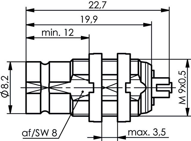 Technische Zeichnung eines mechanischen Teils mit Bemaßungen. Breiten 22,7 mm, 19,9 mm, Mindestlänge 12 mm, maximal 3,5 mm Durchmesser.
