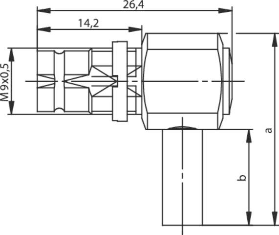 Technische Zeichnung eines Steckverbinders mit Maßen: Länge 26,4 mm, Durchmesser 14,2 mm und Gewinde M9x0,5.
