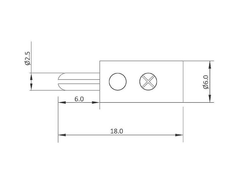Technische Zeichnung eines zylindrischen Bauteils mit zwei Bohrungen. Hauptmaße: Länge 18,0 mm, Durchmesser 6,0 mm, Details sind vermaßt.