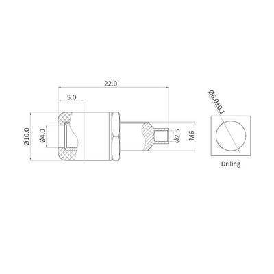 Technische Zeichnung einer Schraube mit Maßen: Durchmesser 10, 4 und 2,5 mm, Länge 22 mm. Rechts eine Bohrung: Durchmesser 6 mm.