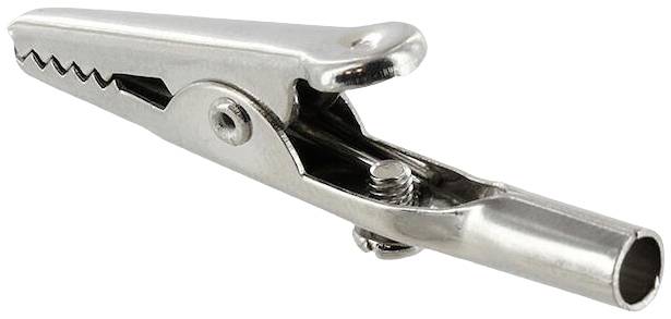 Ein silberner Krokodilklemme, meist zur elektrischen Verbindung und zum Testen von Schaltkreisen verwendet, liegt isoliert auf weißem Hintergrund.