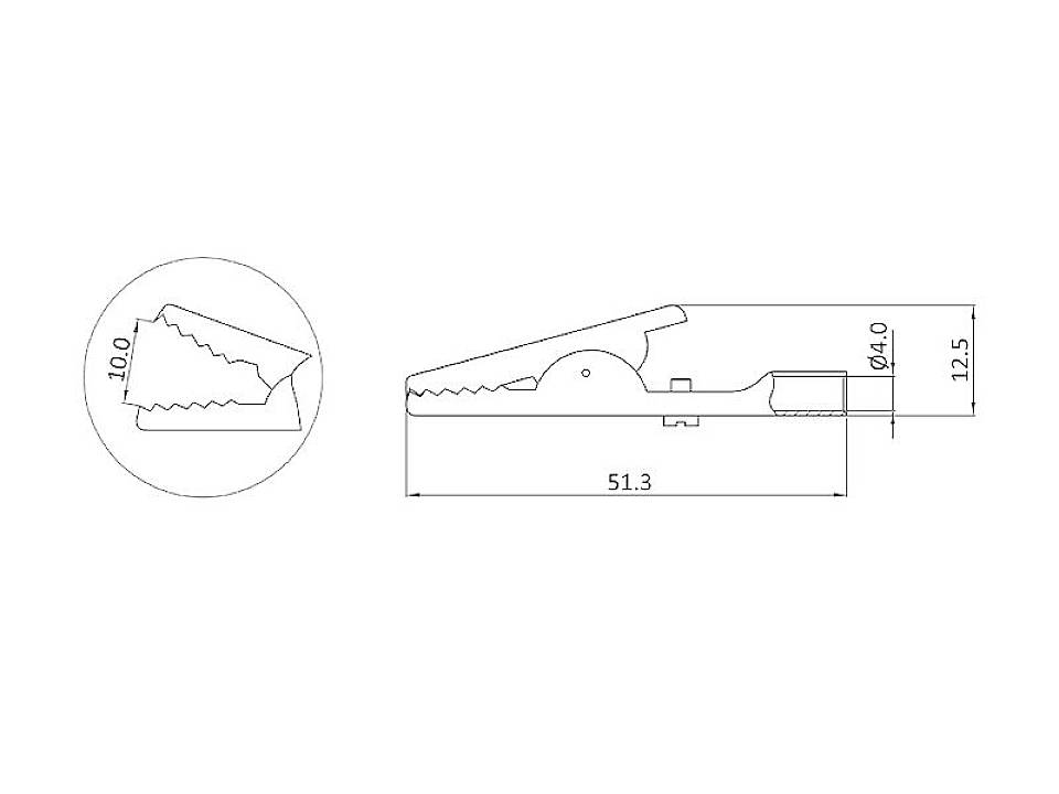 Technische Zeichnung eines Krokodilklemmenprofils mit Maßen: Länge 51,3 mm, Höhe 12,5 mm, Durchmesser 4,0 mm, Backengröße 10,0 mm.
