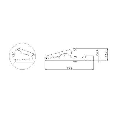 Technische Zeichnung eines Krokodilklemmenprofils mit Maßen: Länge 51,3 mm, Höhe 12,5 mm, Durchmesser 4,0 mm, Backengröße 10,0 mm.