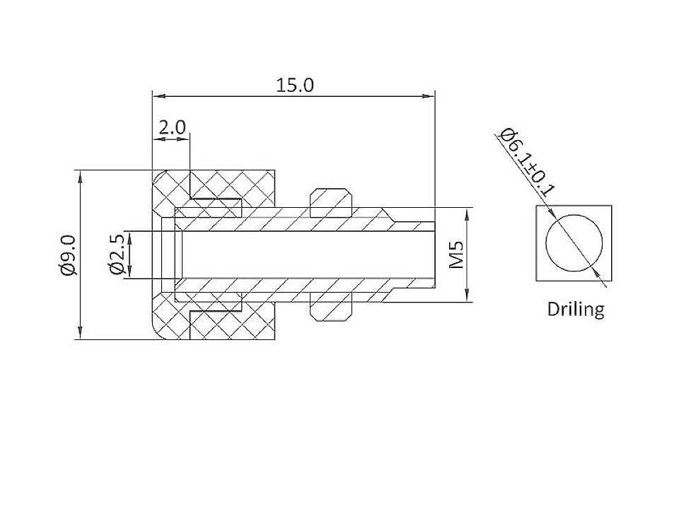 Technische Zeichnung eines Bolzens mit Bemaßungen: Länge 15 mm, Durchmesser 9 mm, Gewinde M5, Bohrung Ø6±0,1 mm.