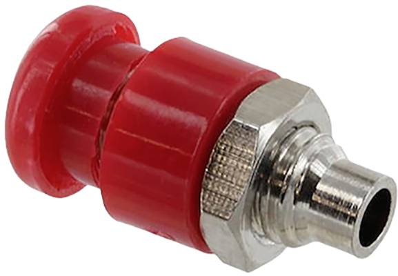 Ein roter Schnellkupplungsstecker aus Metall und Kunststoff, verwendet für Druckluftsysteme, mit einem sechseckigen Schraubanschluss.