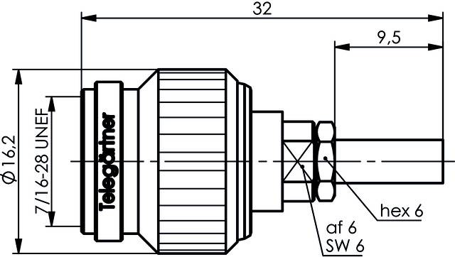 Technische Zeichnung eines Steckers mit Maßen. Hauptteile sind beschriftet: '7/16-28 UNEF', 'hex 6', 'SW 6', 'af 6'. Verwendet für elektrische Verbindungen.