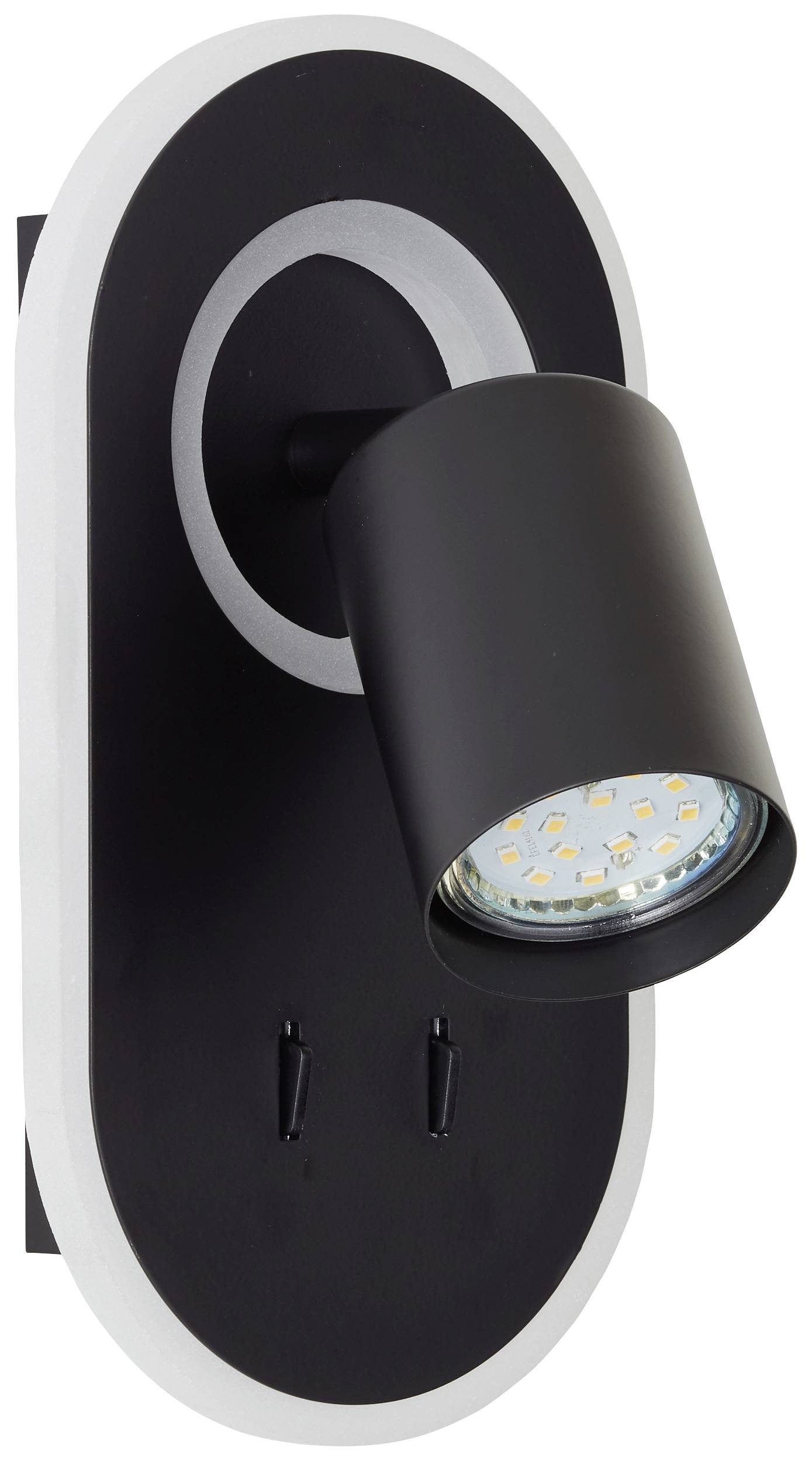 Schwarze, ovale Wandleuchte mit verstellbarem LED-Strahler, geeignet für zielgerichtete Beleuchtung in modernen Innenräumen.