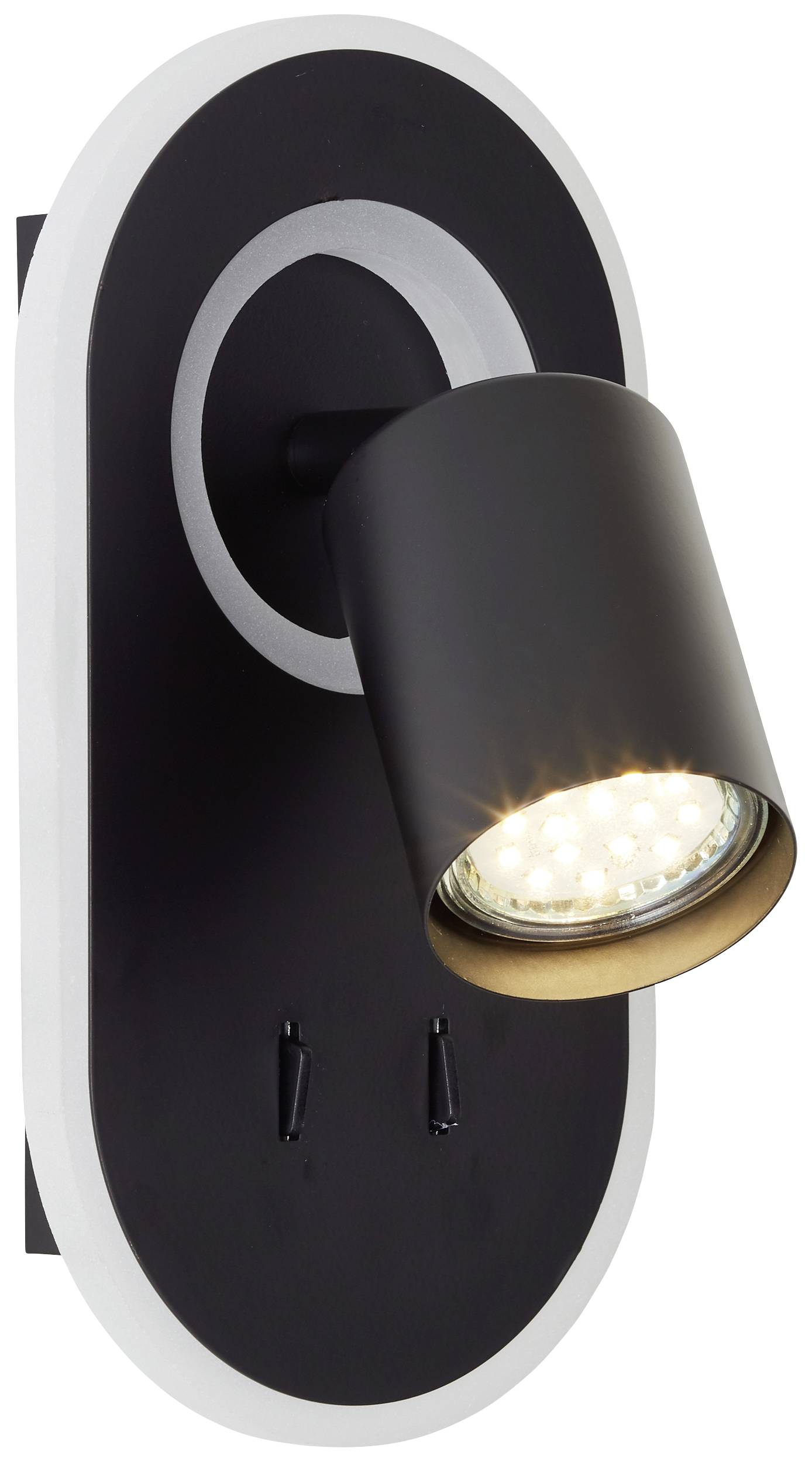 Schwarze Wandleuchte mit zylindrischem Lampenschirm und LED-Licht, befestigt an einer ovalen Wandhalterung.