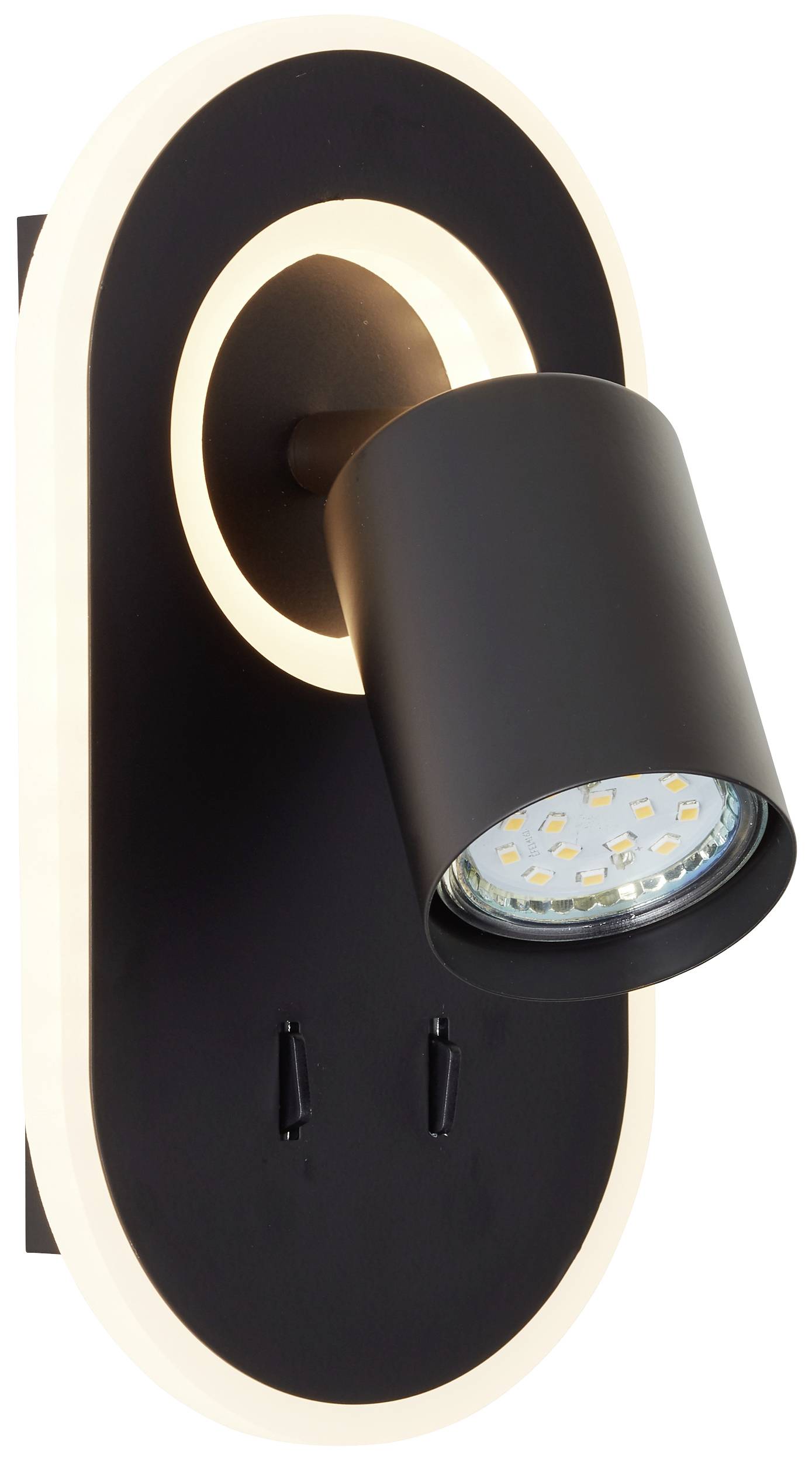 Wandleuchte mit schwarzem, ovalem Sockel und nach vorne gerichteter, zylindrischer LED-Lampe. Hintergrundbeleuchtung betont die Form.