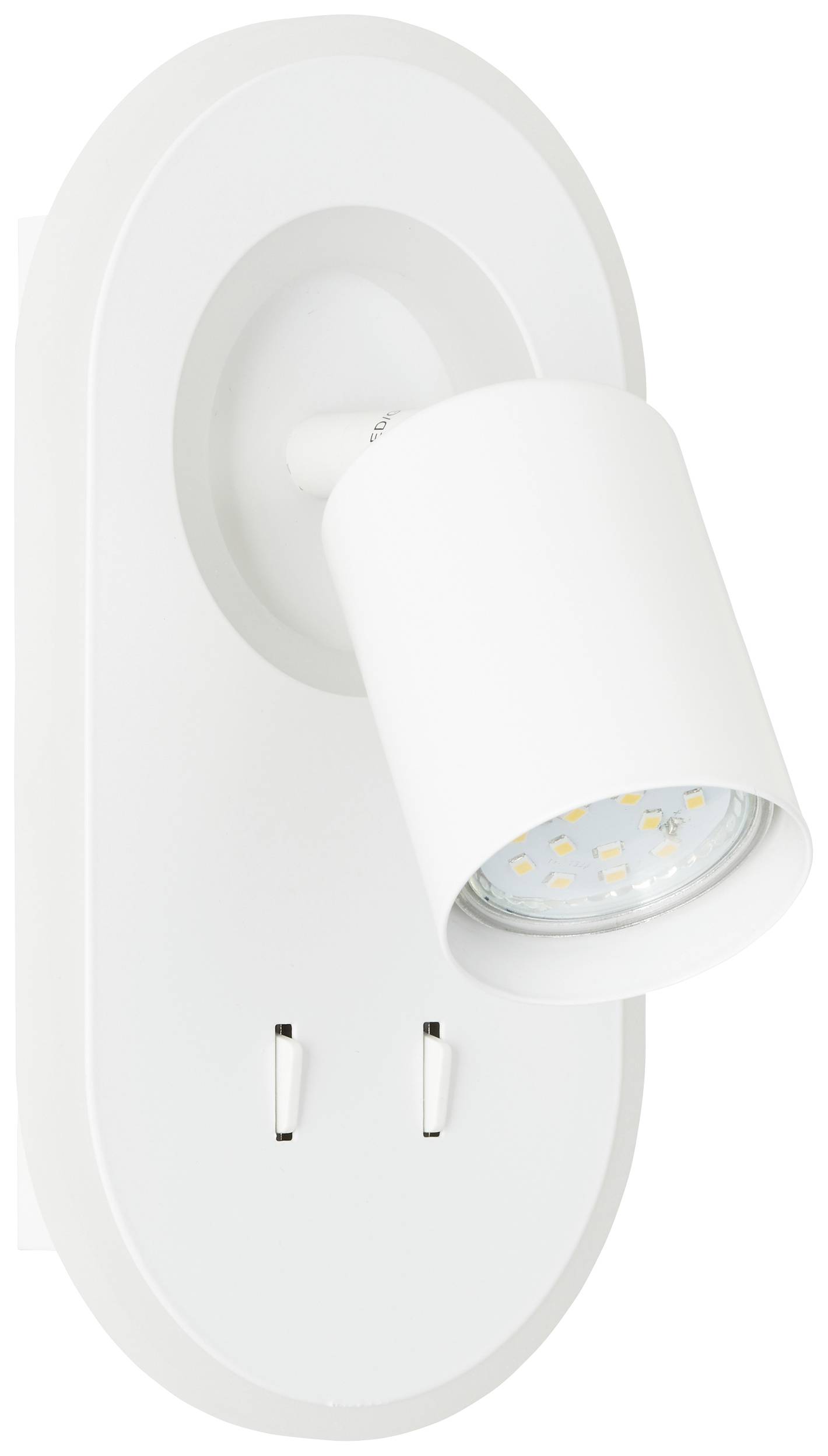 Weiße Wandleuchte mit zylindrischem Spot, verstellbar für gezielte Beleuchtung. Minimalistisches Design.