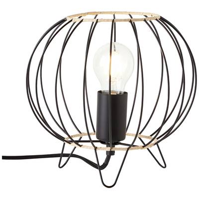 Eine runde Tischlampe mit schwarzem Drahtgestell und sichtbarer Glühbirne. Sie ist modern gestaltet und angeschlossen.