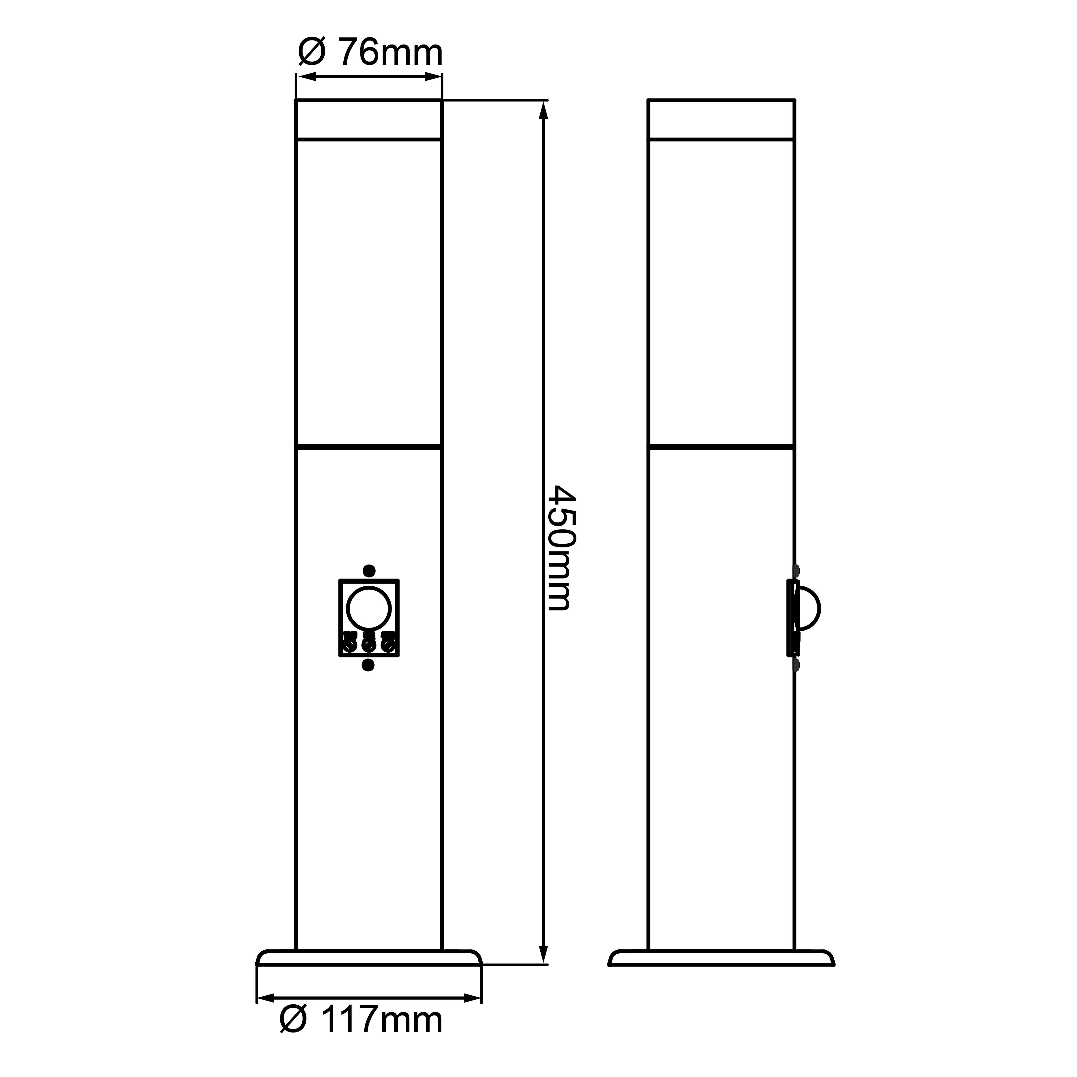 Technische Skizze von zwei vertikalen Säulen mit Abmessungen: Höhe 450 mm, Durchmesser oben 76 mm und unten 117 mm.
