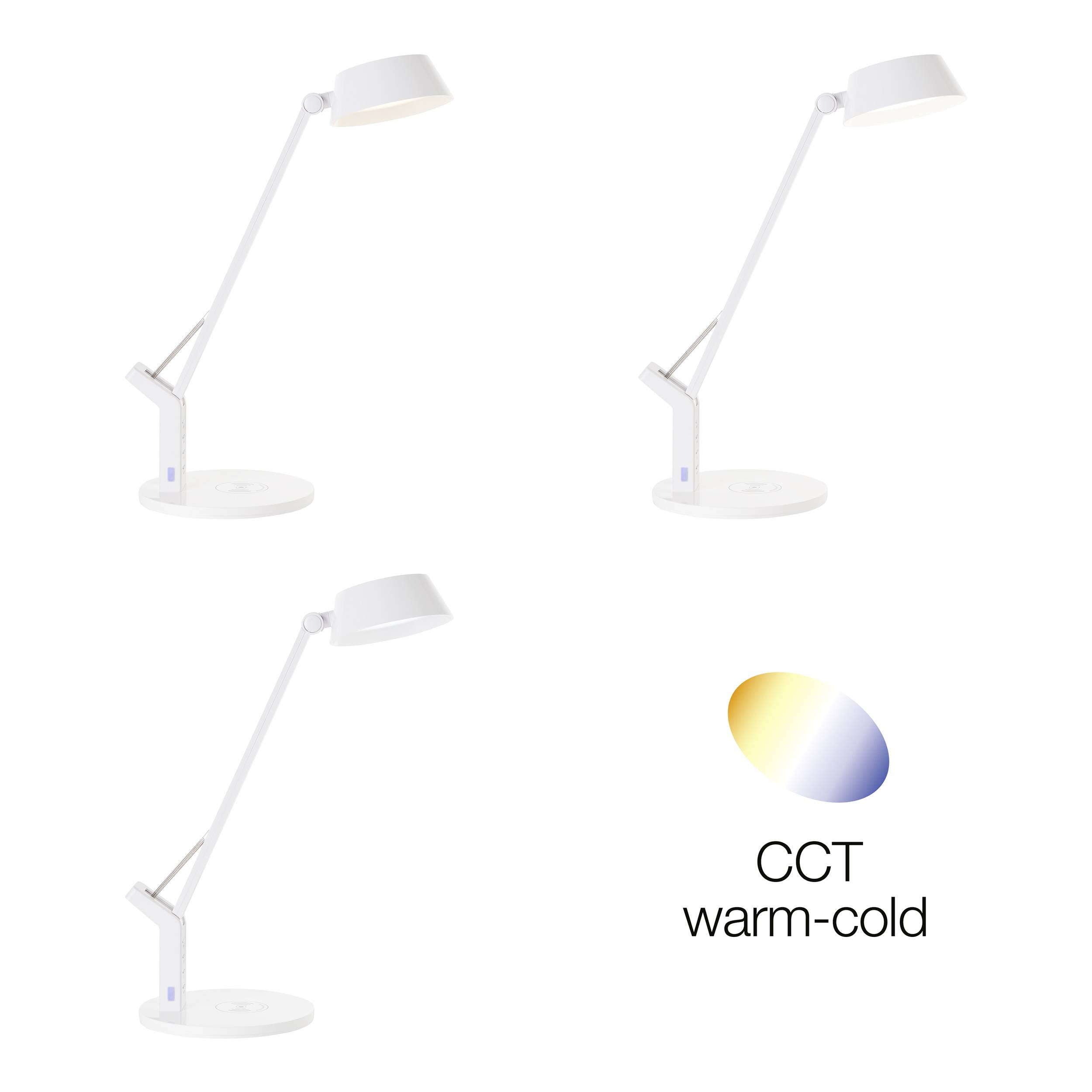 Drei weiße Tischlampen in unterschiedlichen Positionen. Daneben ein Symbol mit Farbverlauf und der Text 'CCT warm-cold'.