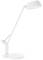 Weiße, moderne Schreibtischlampe mit verstellbarem Arm und rundem Lampenschirm, auf rundem Standfuß, geeignet für Arbeitsflächenbeleuchtung.