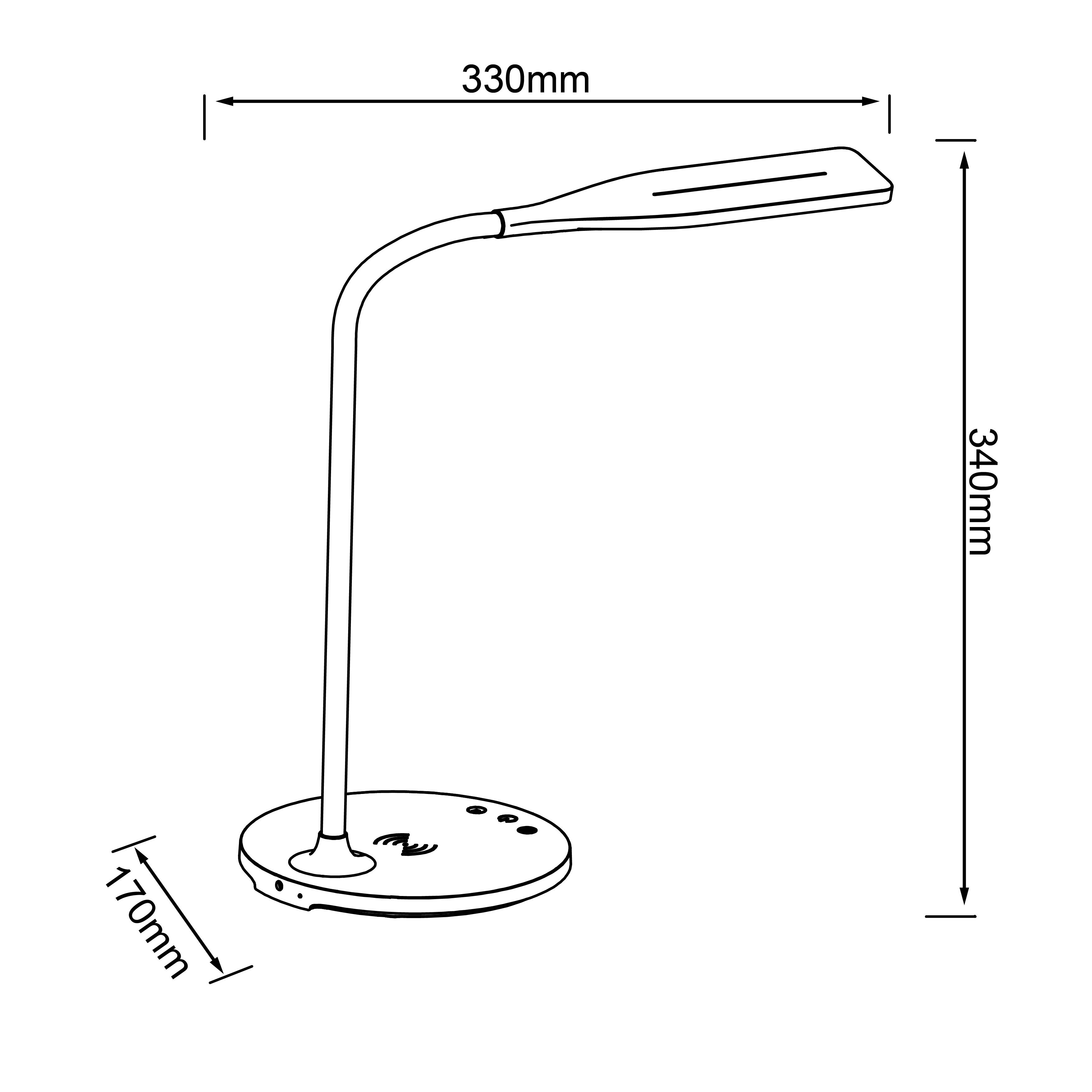 'Skizze einer Schreibtischlampe mit Maßen: 330 mm Breite, 340 mm Höhe, 170 mm Basisdurchmesser.'