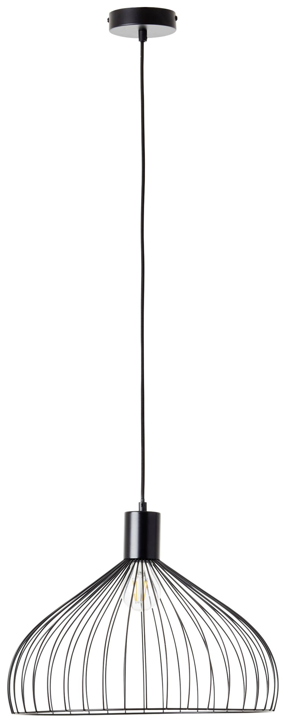 Eine moderne Hängelampe mit schwarzem Drahtschirm, der eine Glühbirne umgibt. Sie hängt an einem langen Kabel von der Decke.