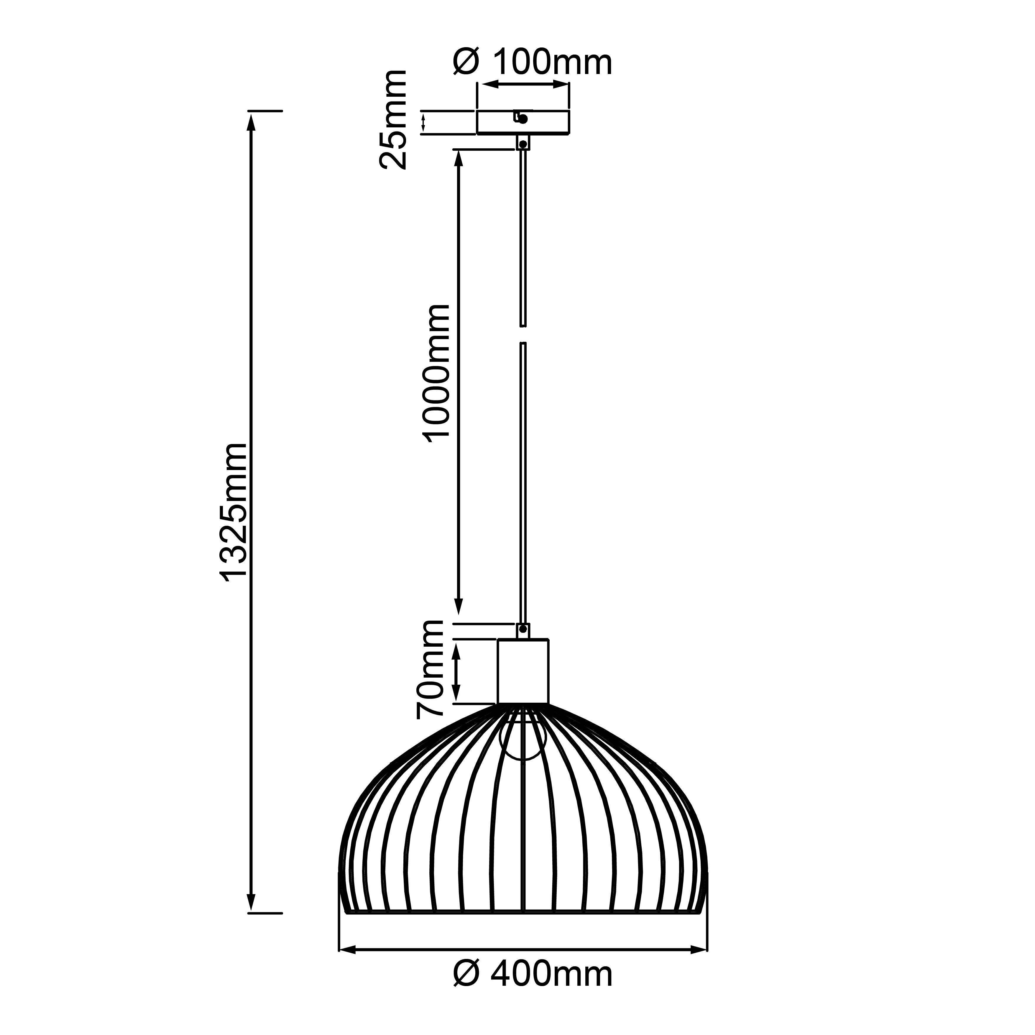 Diagramm einer Hängelampe mit Maßen: Gesamthöhe 1325 mm, Lampenschirmhöhe 70 mm, Durchmesser 400 mm, Deckenhalterung 100 mm.