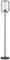 Stehlampe mit schwarzem Metallgestell, filamentartigem Leuchtmittel und hölzerner Akzent. Modernes, minimalistisches Design.