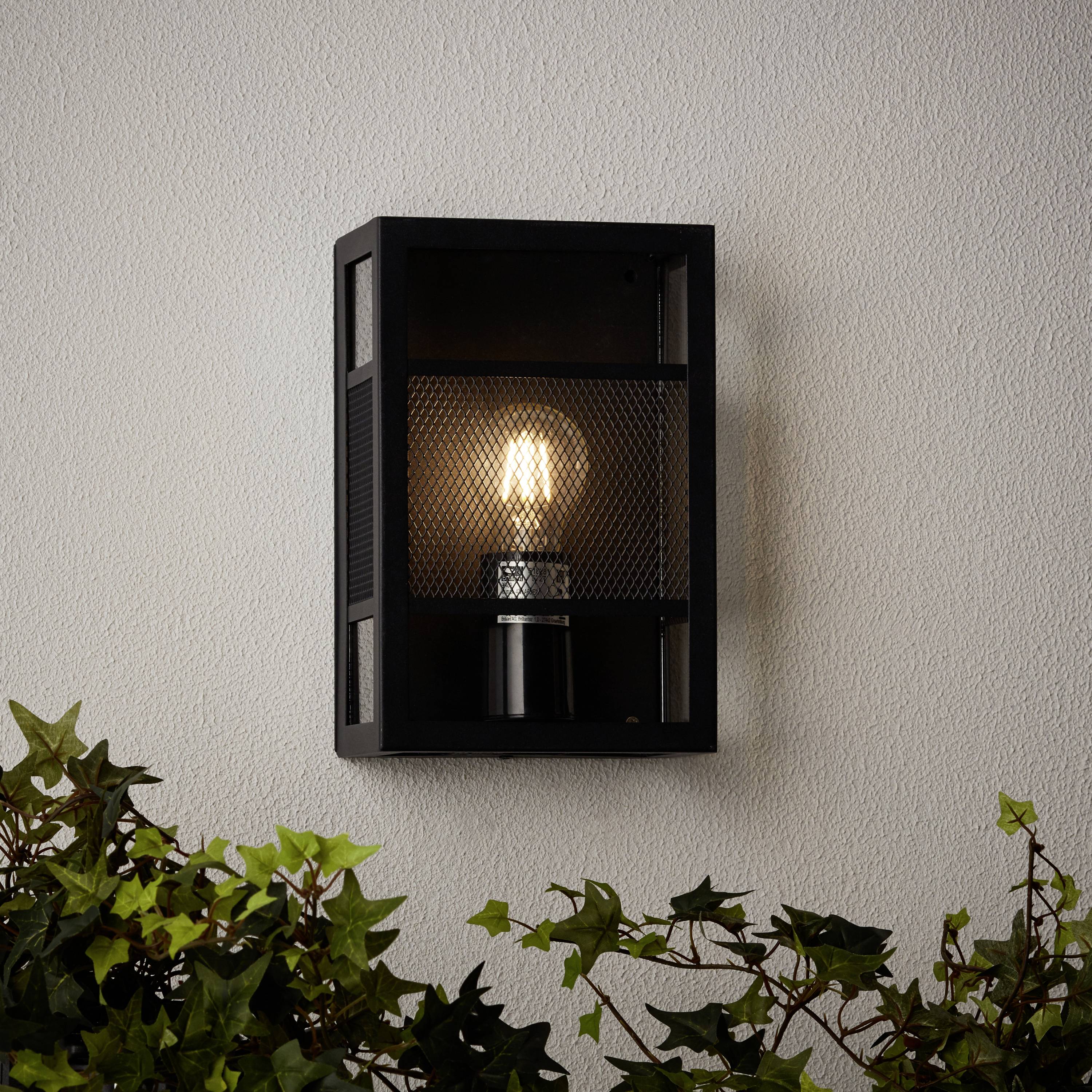 Wandlampe aus schwarzem Metall mit Gitterdesign, leuchtende Glühbirne sichtbar, montiert an einer cremefarbenen Wand über grünen Pflanzen.