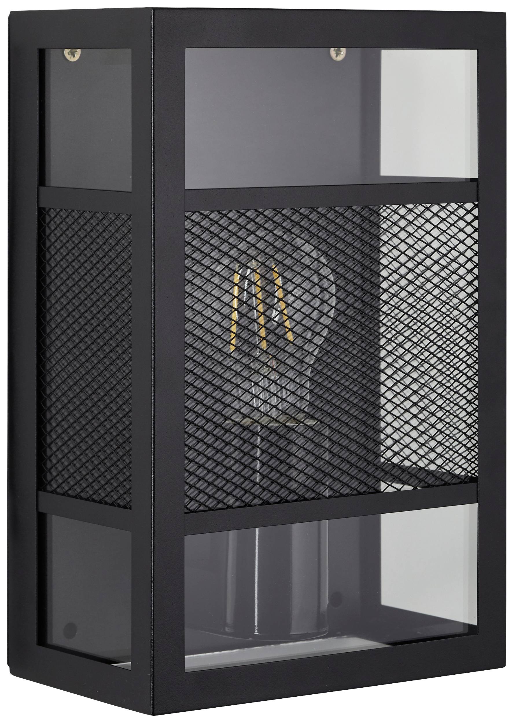 Eine schwarze Wandlampe mit Netzdesign, die eine Glühbirne zeigt. Ideal für moderne, industrielle Wohnräume.