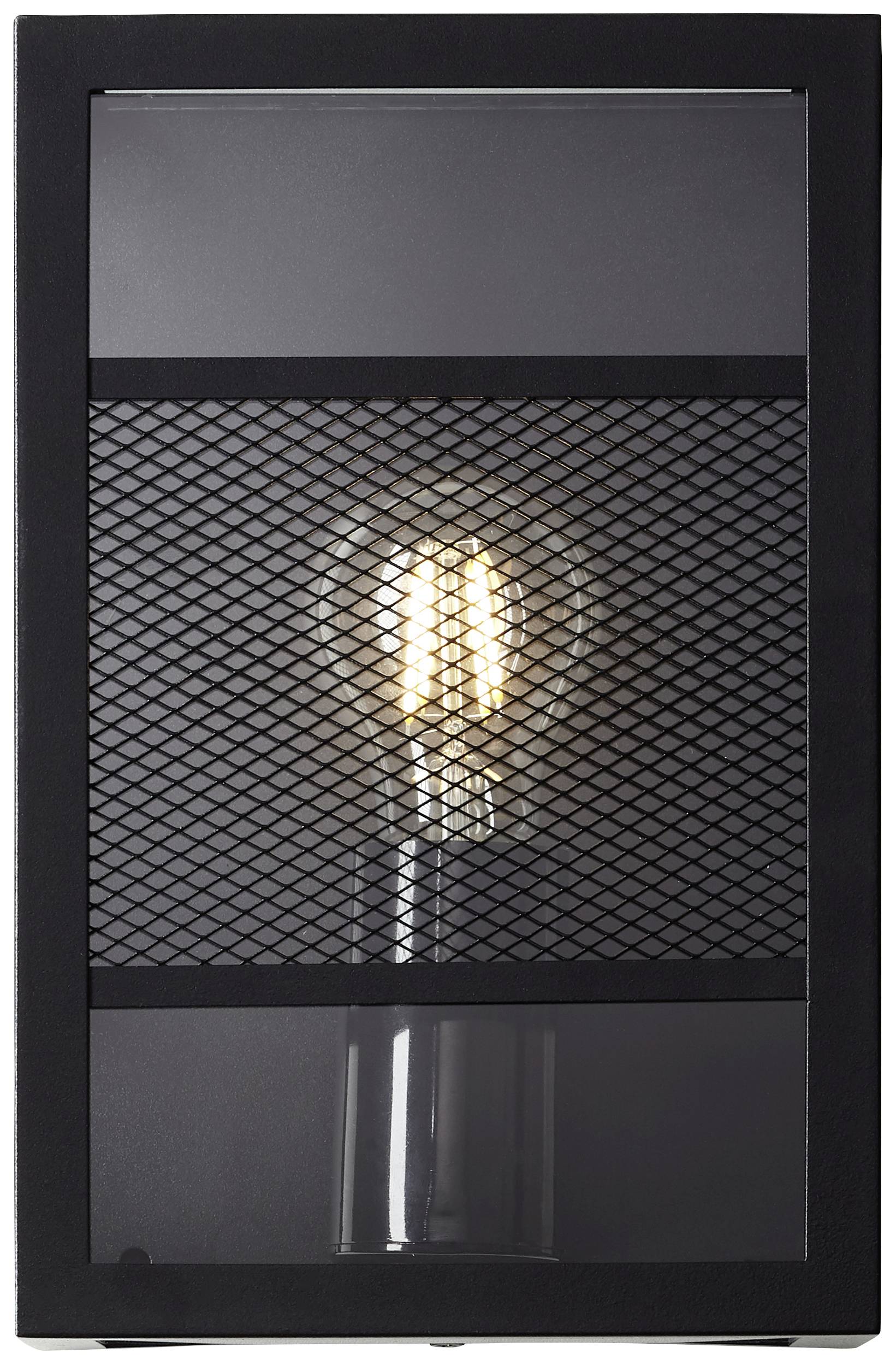Eine Wandlampe mit schwarzem Metallgitter zeigt eine leuchtende Glühbirne im Inneren, verleiht industriellen Stil.