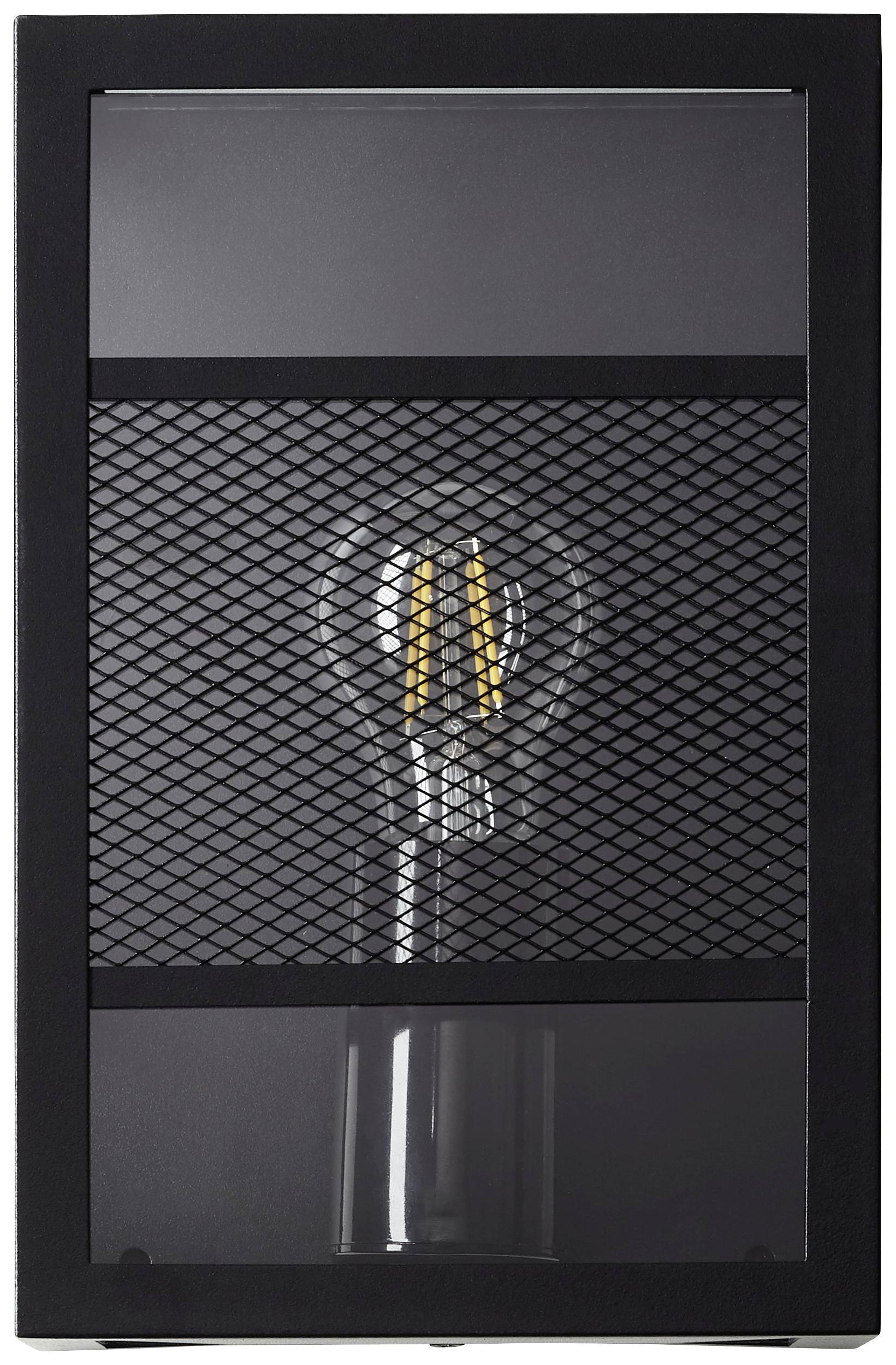 Eine Glühbirne hinter einem schwarzen, rechteckigen Gitterschatten. Das Design wirkt industriell. Beleuchtung ist zentral.