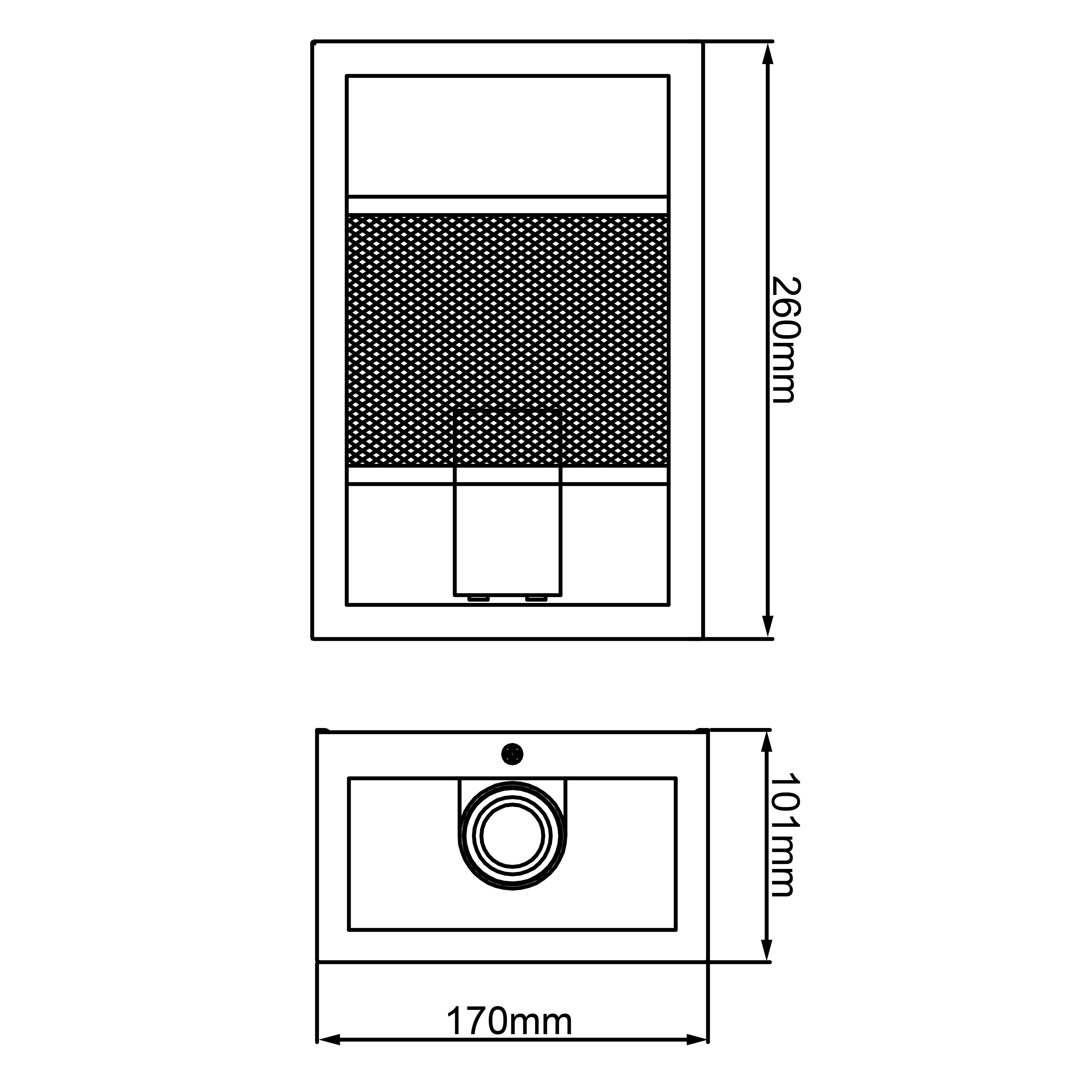 Technische Zeichnung zeigt die Abmessungen eines rechteckigen Lautsprechers: 260 mm hoch, 170 mm breit, 101 mm tief.