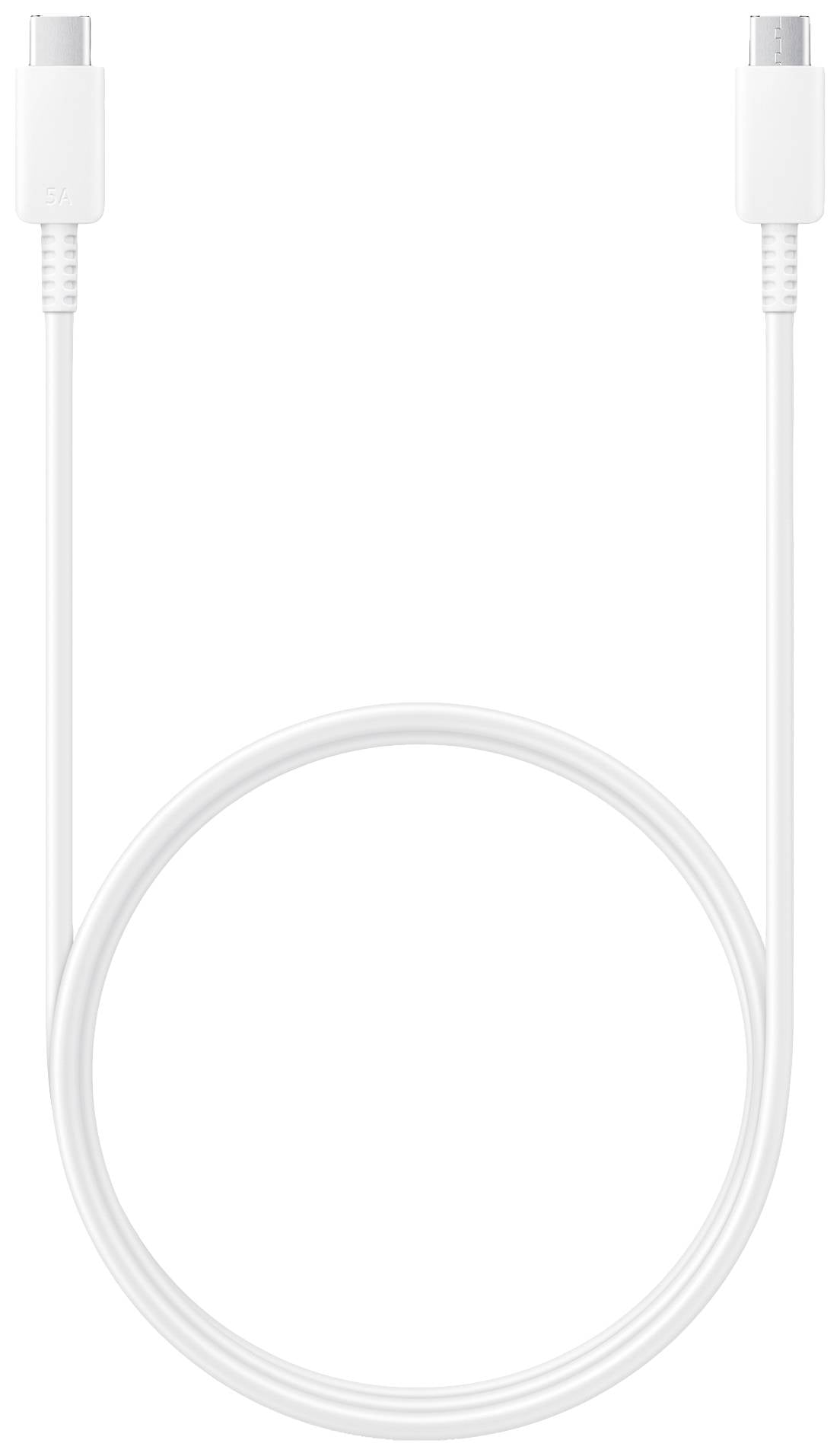 Weißes USB-C-auf-USB-C-Kabel, aufgerollt, ideal zum Laden oder Übertragen von Daten zwischen zwei Geräten mit USB-C-Anschlüssen.