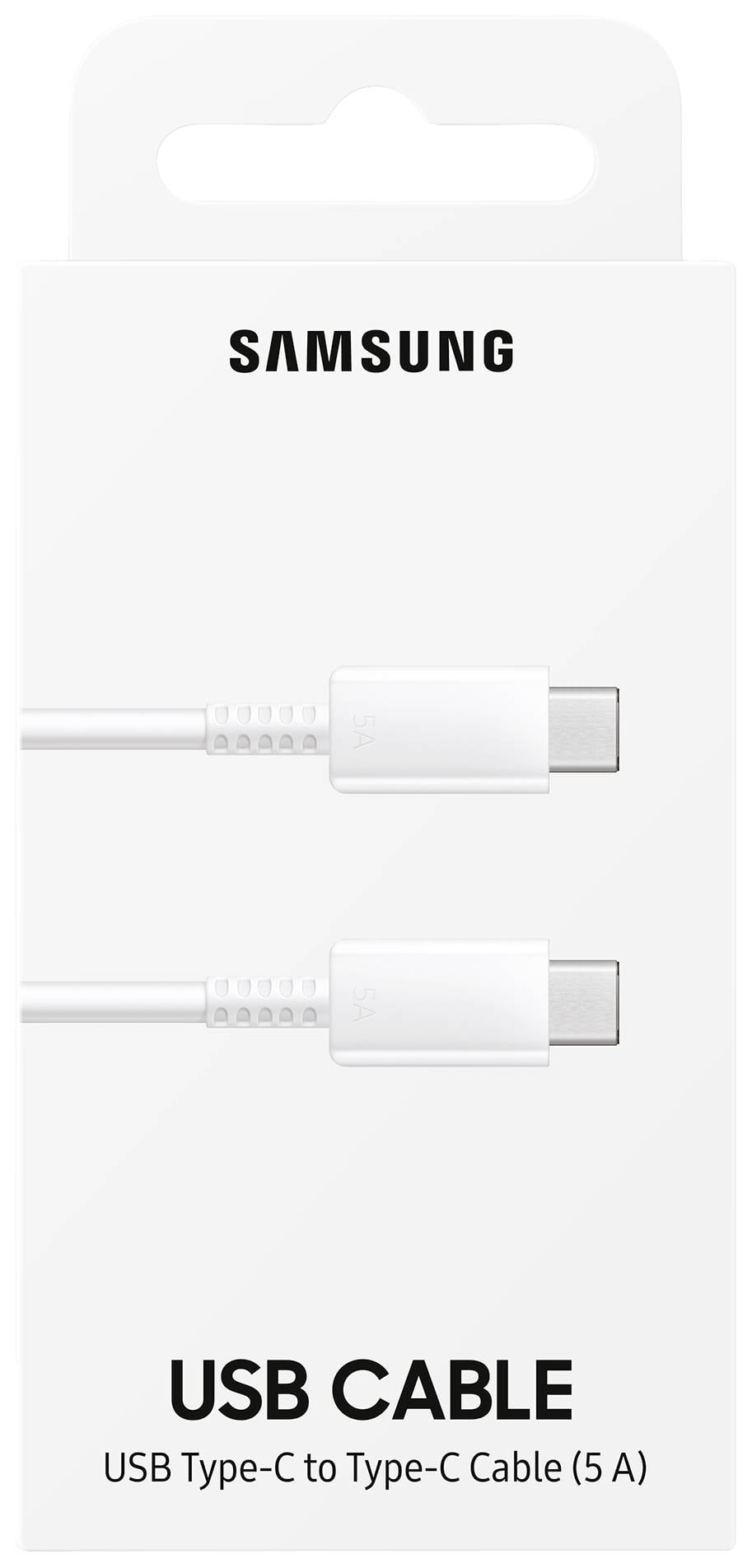USB-C-Kabelverpackung von Samsung, zeigt ein USB-C-auf-USB-C-Kabel mit 5 A.