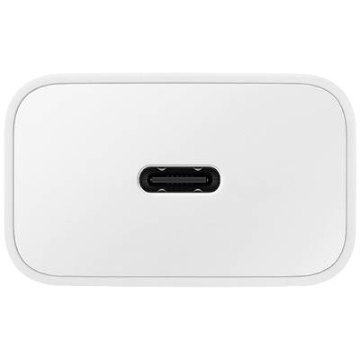 Weiße Ladegerät mit USB-C-Anschluss, zentral platziert, vor neutralem Hintergrund.